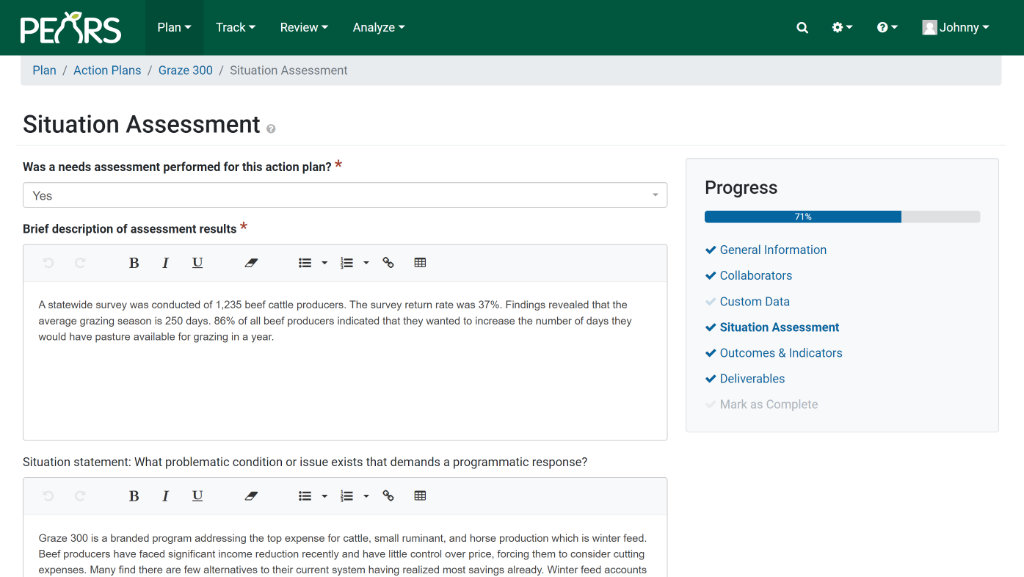 Screenshot of an Action Plan for an Extension Grazing Program