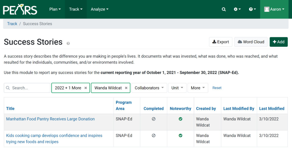 Screenshot of Success Story Overview Page